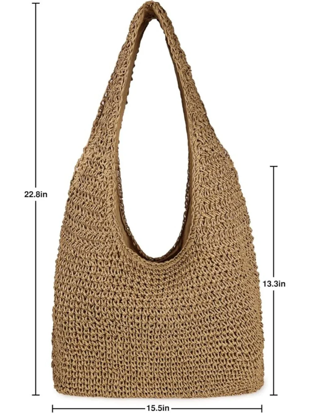 Women's Khaki Large Straw Beach Bag Handmade Woven Shoulder Bags Hobo Tote - Picture 6 of 6